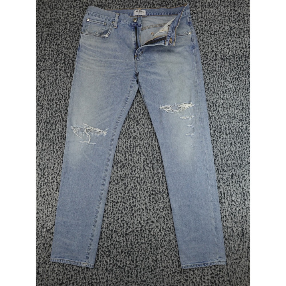 AGOLDE Straight Leg Jeans Mens 34 Light Blue Distressed Ripped Knee USA